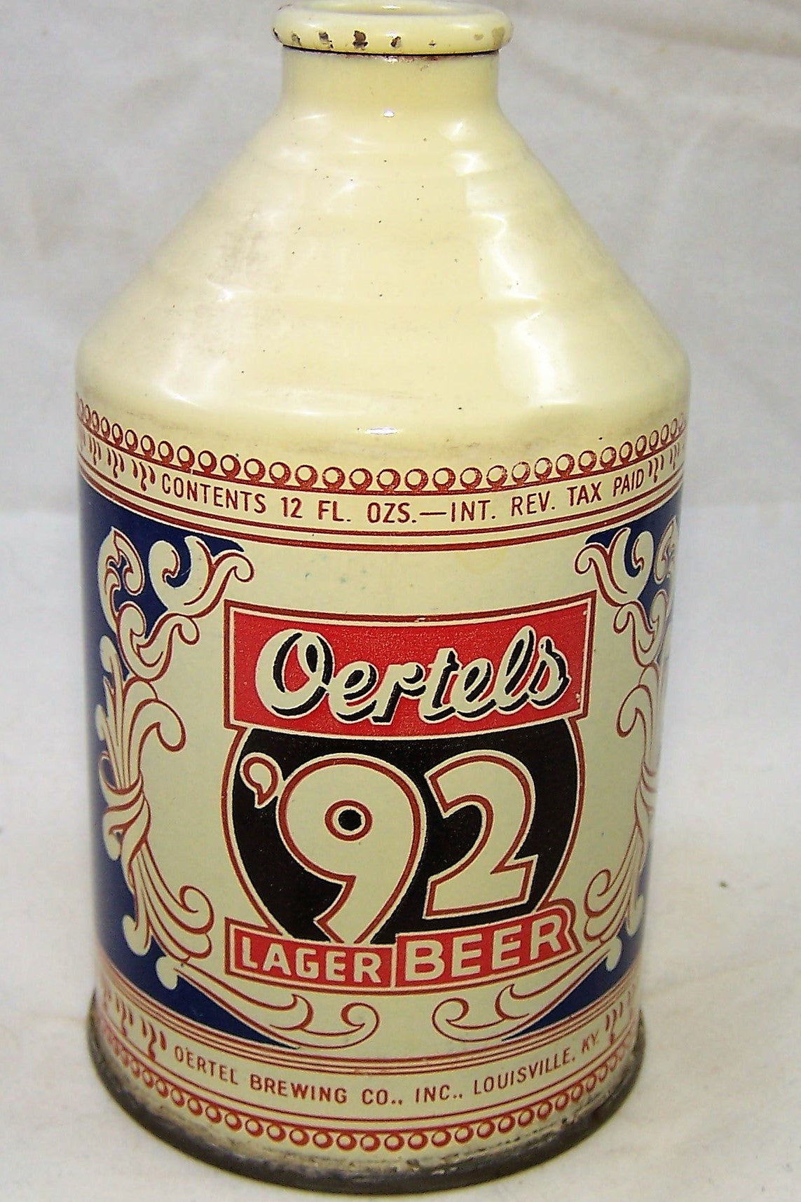 Oertels 92 Lager Beer white enamel, USBC 197-14, Grade 1/1+
